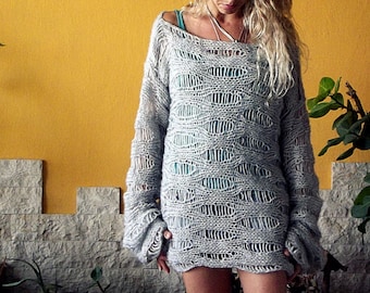 Gray Loose Knit Slouchy Sweater Hand Knit Sweater Women Knit Top Oversized Grunge Sweater