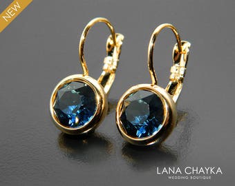 Navy Blue Gold Earrings, Swarovski Montana Blue Earrings, Dark Blue Crystal Leverback Earrings, Bridal Party Jewelry Wedding Gift Earrings