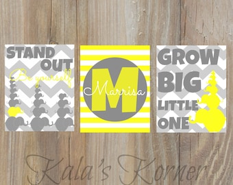Elephant Nursery art- yellow gray, stand out, grow big, playroom art, children wall art, elephant art, elephant decor, baby name print