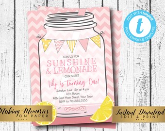 Pink Lemonade Birthday, Girls First Birthday Lemonade, Mason Jar Lemonade, Lemonade Party, INSTANT download, DIY, Invite, edit yourself