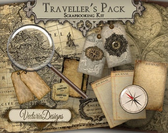 Traveller's Pack Junk Journal Pages Digital Scrapbooking Kit Vintage printable art crafting instant download digital collage sheet - VD0376
