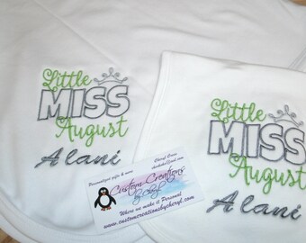 Little Miss August Personalized Infant Toddler Baby Blanket & Bib Set Any color