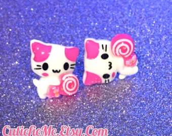 Pink Lollipop Kitty Stud Earrings