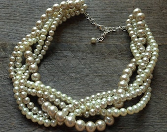 Champagne Ivory Chunky Pearl Necklace, Multi Strand Wedding Necklace, Pearl Statement Necklace on Silver or Gold Chain