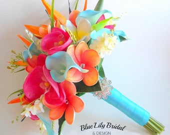 Tropical Garden Real Touch Beach Wedding Bridal Bouquet in Turquoise, Fuchsia and Orange with Plumeria, Orchids, Calla Lilies,- Style #110
