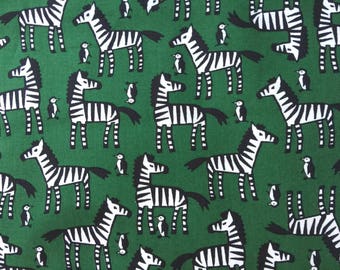 Japanese children Sevenberry fabric - Cotton - zebras and penguins on green background - 50cm (110 x)