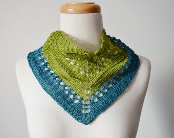 Spring Feverish Hand Knit Mini Scarf - Lightweight Knit Neckerchief/Headwrap with Shell Button - Lace Spring Bicolor Handknit Mini Bandana