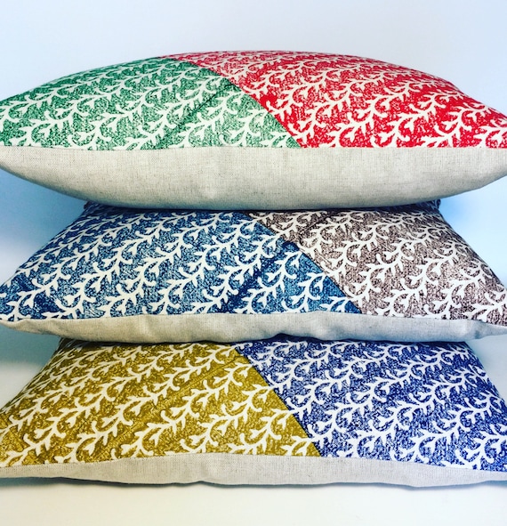 Decorative modern block printed pillow , traditional design in 3 colours , quality handprinted Cushion, Cotton and linen pillow, pillow