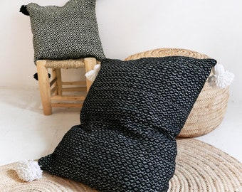 Big Moroccan POM POM Cotton Pillow Cover - Black and White