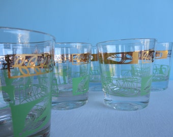 Vintage Glasses - Green and Gold Short Glasses - Barware - Set of 8