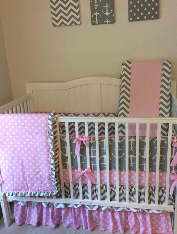 Pink and Gray Crib Bedding Ruffled with Anchors and Chevron