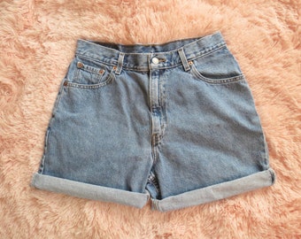 Vintage Levis Denim Shorts High Waist Jean Shorts Womens Size 12 Large Regular Medium Blue Wash 1990s 90s Summer Festival Hipster