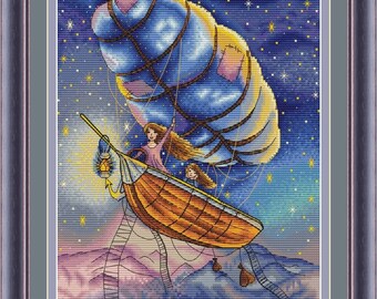 Night Cross Stitch Pattern PDF Instant Download Airship Cross Stitch Fantasy Cross Stitch Star Cross Stitch Girl Cross Stitch Friend Cross
