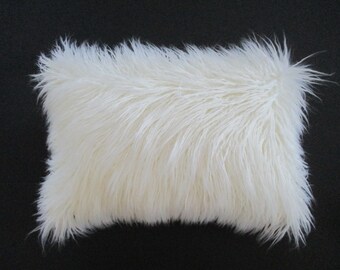 White Faux Fur Lumbar Pillow Long Curly Mongolian Lamb Cover Zipper