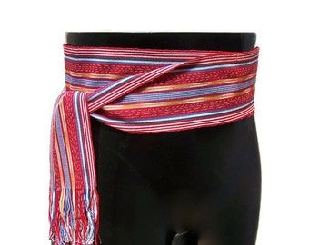 Striped Red Sash, SA07 - Gypsy Clothing - Pirate Sash - Guatemalan Textiles - Ikat Fabric - Reenactment Clothing - LARP Belt - Woven Sash