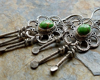 SALE! Green Stones in Sterling Silver Flowers/Wire Wrapped Silver Dangles/Free Spirit Earrings . Rustic Boho Tribal Southwest Style Jewelry