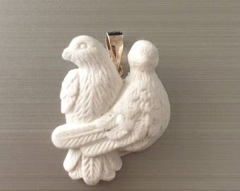 Beautiful White Pair of Doves Pendant with Sterling Silver Bail Christmas Present Gift