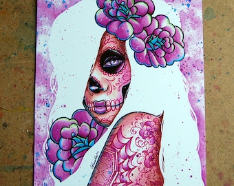 5x7, 8x10, or 11x14 Signed Art Print - Day of the Dead Sugar Skull Girl Portrait With Tattoos - Lola - Dia De Los Muertos