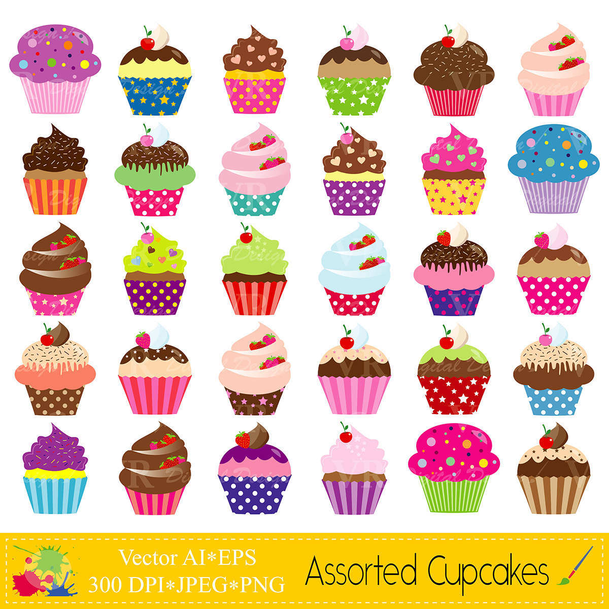 Assorted Cupcakes Clip Art, Cute Birthday Colorful ...