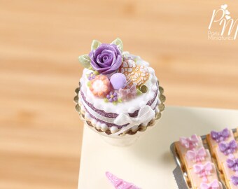 MTO-Purple Rose Cake - Miniature Food in 12th Scale for Dollhouse