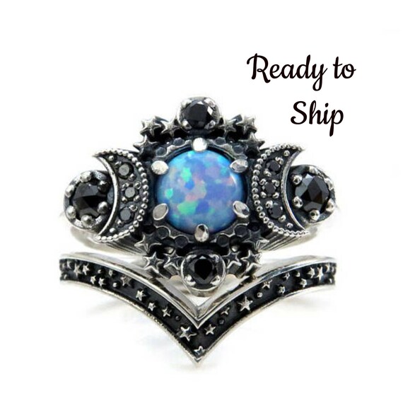 Ready to Ship Size 6 - 8 - Cosmos Moon Ring - Lab Blue Grey Opal with Black Diamonds