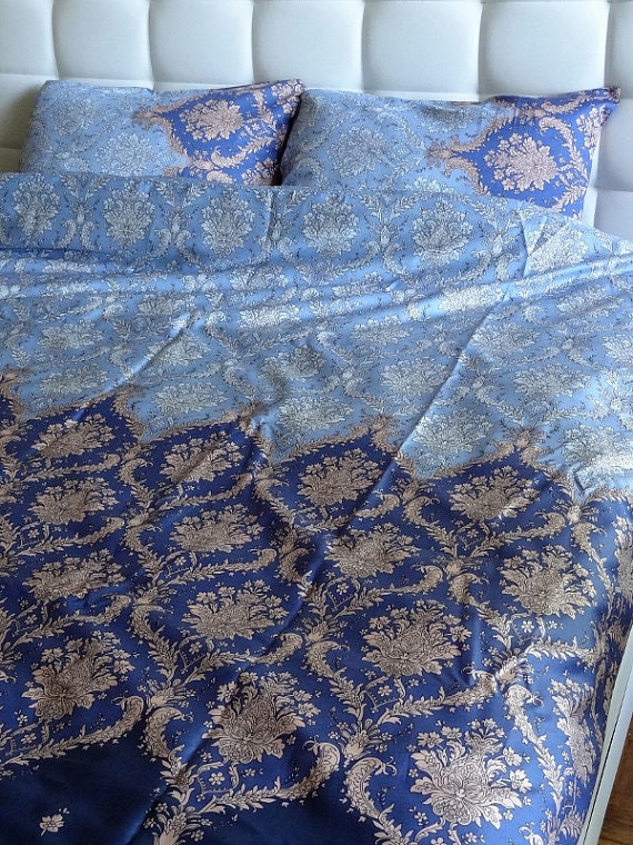 Twin / Twin XL Duvet Cover Blue Damask Pattern Cotton Satin