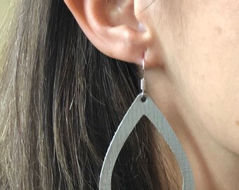 Gray Mist Genuine Leather Teardrop Cutout Earrings
