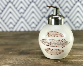 Foaming soap dispenser. White porcelain foam soap dispenser. Handmade soap dispenser. Ceramic dispenser with boho decor, brushed nickel pump