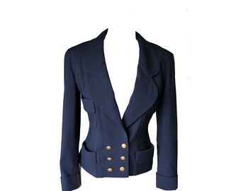 80s Chanel Jacket/Navy Chanel Jacket/Navy Blazer/Fitted Jacke/Chic Jacket/Double Breasted Blazer/Chanel Logo Buttons