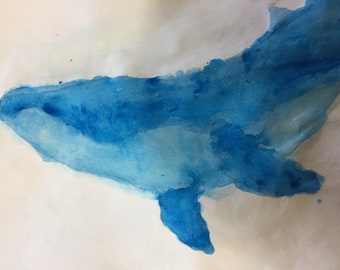 Original Hand Drawn Blue Whale Watercolor