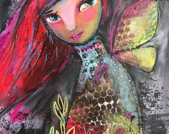 Mixed Media fantasy painting original Red Haired Fairy whimsical and magical