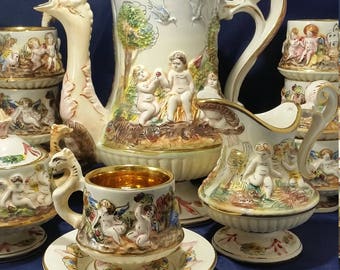 17 Piece Italian Capodimonte Teaset Lidded Teapot, 6 Teacups and saucers, Lidded Sugar, and Creamer, Expresso Coffee set, Demitasse Set