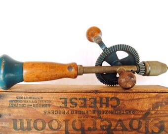 Vintage Robin's Egg Blue Handheld Drill with Wood Handles
