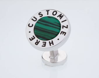 Custom Engraved Cufflinks, Personalized Cufflinks - White Rhodium Finish, Green Malachite - Anniversary, Birthday, Gift for Men, Dad's Gift.