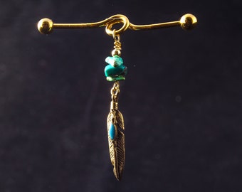 Gold or Silver Industrial bar with 3 Turquoise Nuggets and a Fancy Feather