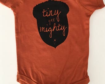 Tiny Yet Mighty, one-piece/romper size 6 months, Screen printed Durham Baby one-piece -Burnt Orange with Black print