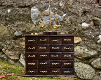 Wooden Apothecary Cabinet,Wood Apothecary Chest,Brown Apothecary Box,Scale of Justice,Brass Scale,Decorative Apothecary Chest,Lawyer Gift
