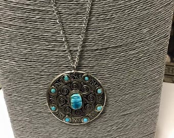 Vintage Egyptian Silver Plated Brass SCARAB Necklace The Chain 24'' L Made in Egypt