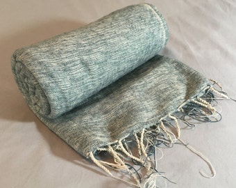 Nepalese Hand-Loomed Yak Wool Blanket,Throw,Shawl- Steel Blue & Floral White