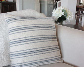 Beige with Blue Stripes Grain Sack Style Pillow Cover// Farmhouse Pillows// Decorative Pillows// Throw Pillows