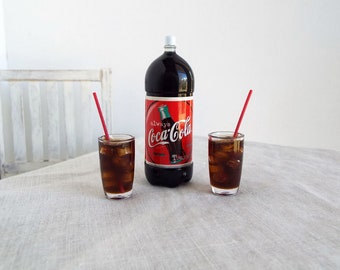 Miniature Soda Pop Bottle COLA with Ice and Red Straws in Tumblers - Realistic Miniatures for 1:6 Scale Fashion Dolls and Figures