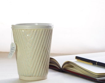 Coffee cup or ceramic travel mug. Porcelain cup in taupe and white. Ceramic travel cup for use as a tea cup, coffee cup or succulent planter