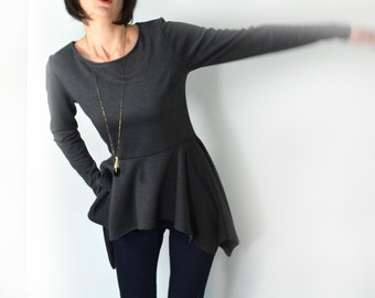 Peplum top/ long sleeve grey peplum blouse.