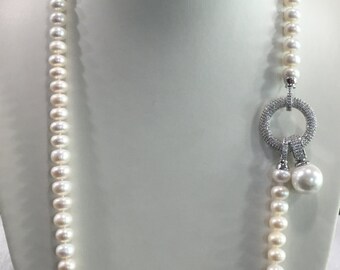 Long pearl necklace, 9-10mm, Freshwater Pearl Necklace, ivory Pearl necklace