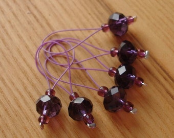 Snag Free Stitch Markers Set of 6, Knitting Tools, Purple Glass Bead, Gift for Knitters, Yarn Lover, Cute Glass Stitch Markers
