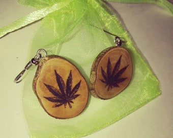 Cannabis Marijuana Earrings Natural Earrings Handmade Brown Wooden Boho Eco Friendly Jewelry Charm Engraved Wood Jewellery #420 #Cannabis