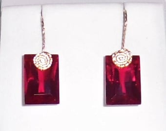32 cts Natural Square Ruby Red Topaz gemstones, 14kt yellow gold Pierced Earrings