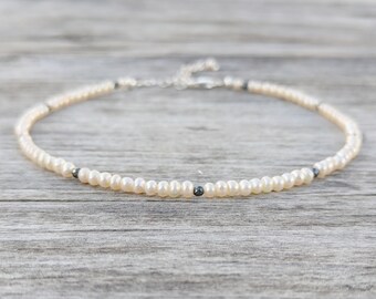 Ankle Bracelet, Pearl Anklet, June Birthstone, Beach Anklet, Sterling Silver Anklet, Beach Wedding, Bridal Anklet, Adjustable Anklet