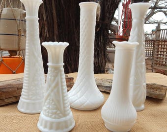 5 Milk Glass Bud Vases ~ Instant Collection Milk Glass Bud Vases ~ White Milk Glass Flower Vases ~ Milk Glass Flower Vases