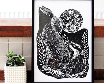 Badger & Hare - Block Print Linocut, Illustration, British Animals, Art Print 8x11 A4